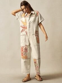 Bohemela 西式波西米亞牛仔音樂節花卉拼接圖案編織女款連身褲 度假米色夏季 - 卡其色 - 查看 4