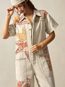 Bohemela 西式波西米亞牛仔音樂節花卉拼接圖案編織女款連身褲 度假米色夏季 - 卡其色 - 查看 3