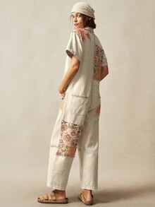 Bohemela 西式波西米亞牛仔音樂節花卉拼接圖案編織女款連身褲 度假米色夏季 - 卡其色 - 查看 8