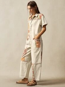 Bohemela 西式波西米亞牛仔音樂節花卉拼接圖案編織女款連身褲 度假米色夏季 - 卡其色 - 查看 7