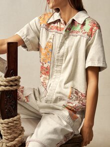 Bohemela 西式波西米亞牛仔音樂節花卉拼接圖案編織女款連身褲 度假米色夏季 - 卡其色 - 查看 5