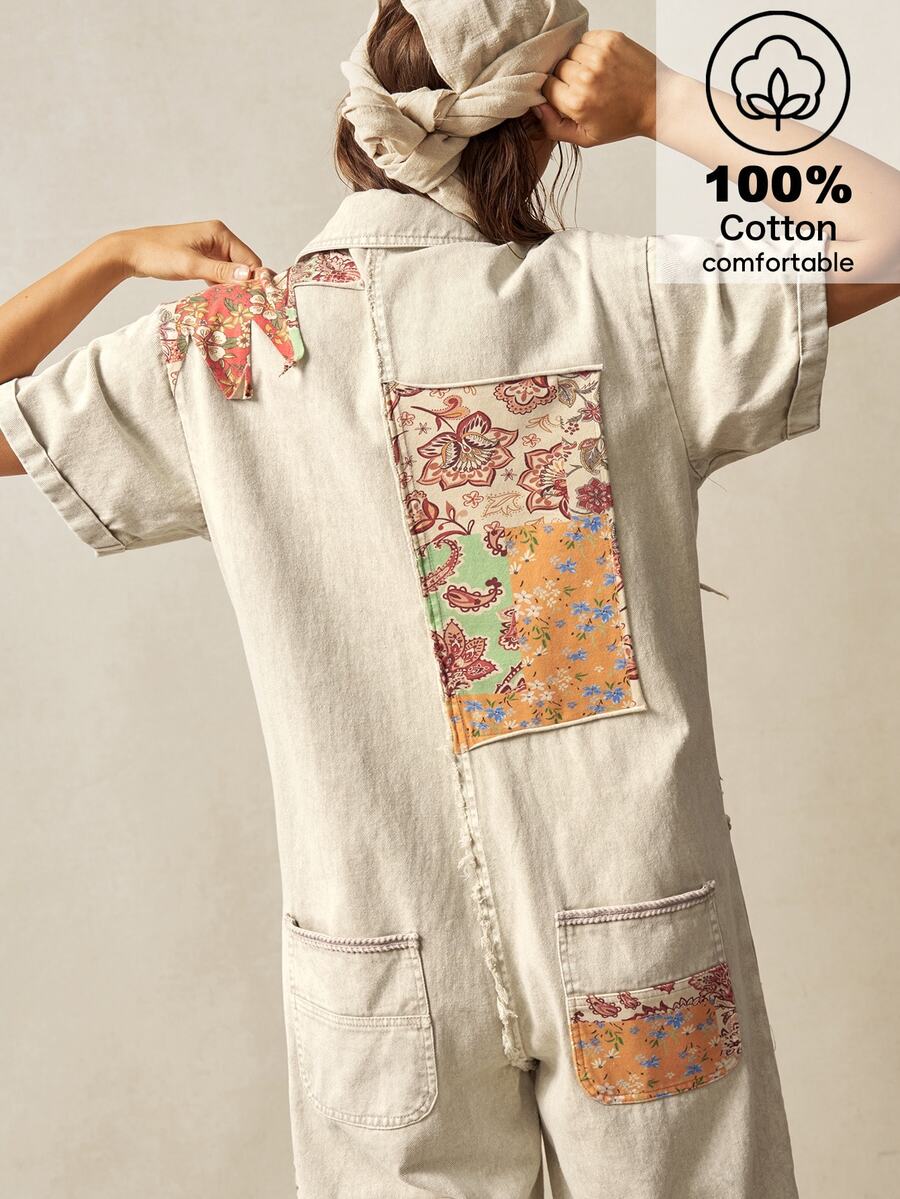 Bohemela 西式波西米亞牛仔音樂節花卉拼接圖案編織女款連身褲 度假米色夏季