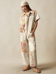 Bohemela 西式波西米亞牛仔音樂節花卉拼接圖案編織女款連身褲 度假米色夏季 - 卡其色 - 查看 6