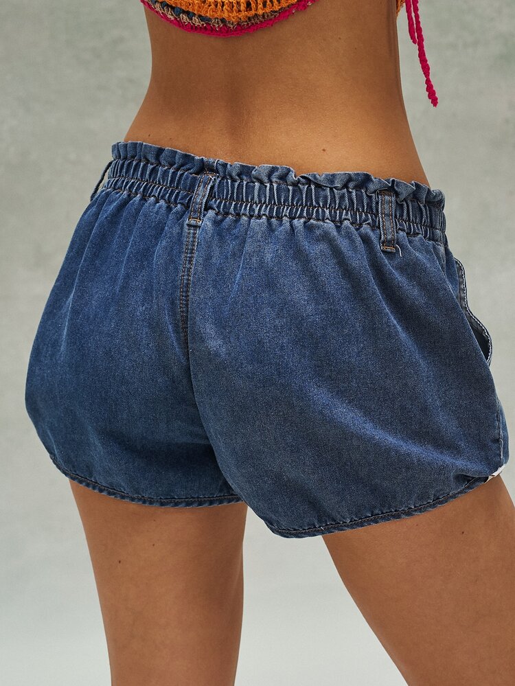 Bohemela Navy Blue Women's Casual Summer Vacation Holiday Shorts, Boho Vintage Tie-Up Pocket Elastic Waist, Western Country Style Concert Party, 2000s Y2k Wear - Medium Wash - View 8