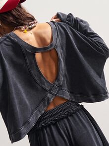 Bohemela 2 件女士休闲纯色针织长袖宽松运动衫和高腰宽松阔腿裤套装 - 黑色 - 查看 2