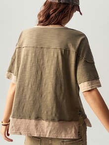 Bohemela Women's Casual Colorblock Round Neck Short Sleeve Oversized T-Shirt - Multicolor - View 2