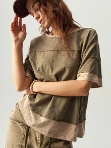 Bohemela Women's Casual Colorblock Round Neck Short Sleeve Oversized T-Shirt - Multicolor - View 5