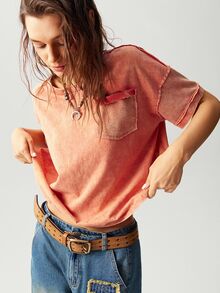 Bohemela 1 件女式休闲纯色针织圆领落肩长袖宽松上衣 - 橘色 - 查看 3