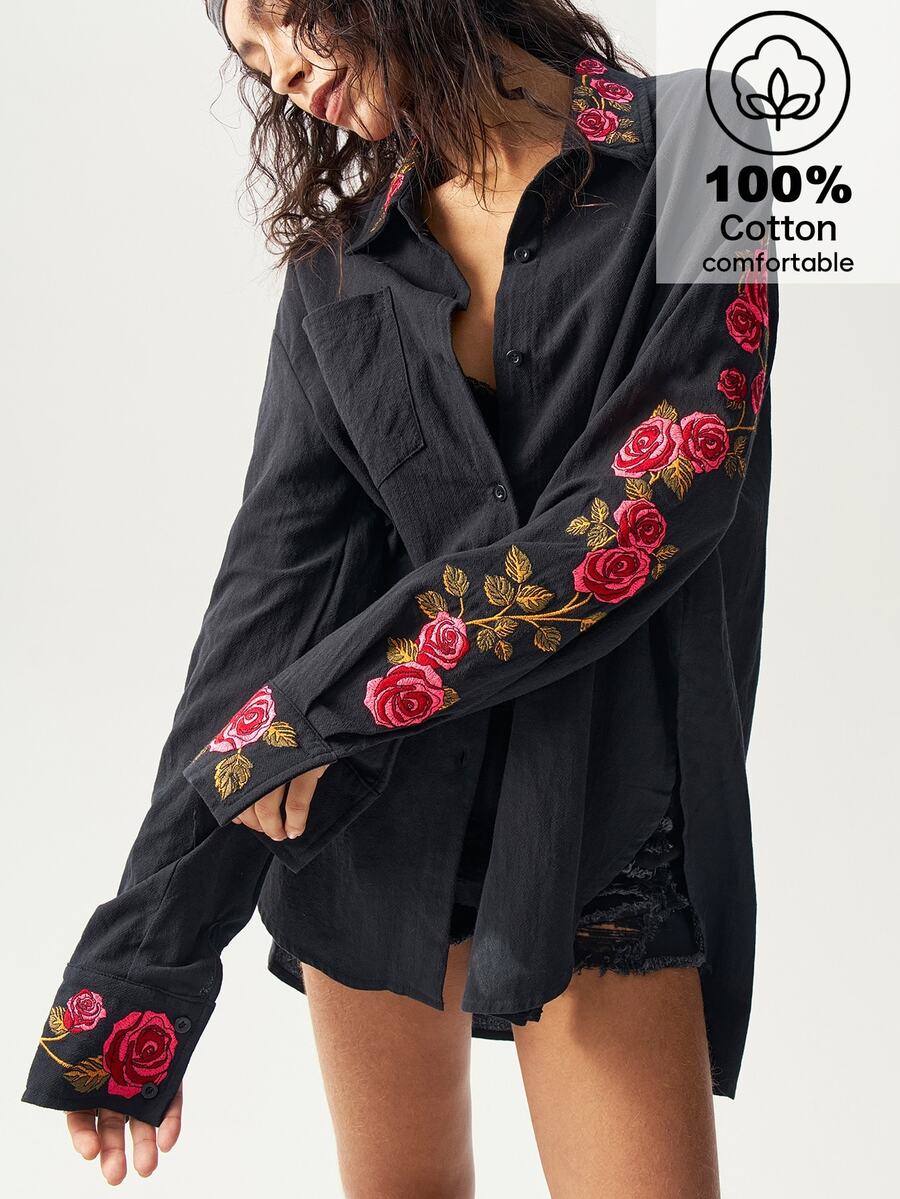 Bohemela 1pc Women Loose Solid Color Woven Asymmetrical Hem Long Sleeve Long Shirt, For Vacation - Black - View 1