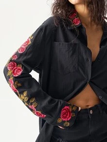 Bohemela 1pc Women Loose Solid Color Woven Asymmetrical Hem Long Sleeve Long Shirt, For Vacation - Black - View 2