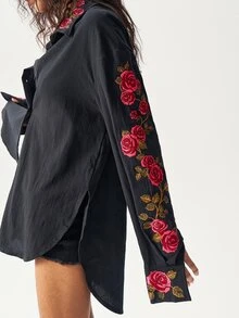 Bohemela 1pc Women Loose Solid Color Woven Asymmetrical Hem Long Sleeve Long Shirt, For Vacation - Black - View 5