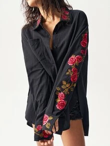 Bohemela 1pc Women Loose Solid Color Woven Asymmetrical Hem Long Sleeve Long Shirt, For Vacation - Black - View 7