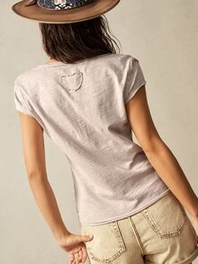 Bohemela Camiseta de mujer ajustada de manga corta con cuello en V de color liso lavada - Albaricoque - Ver 7