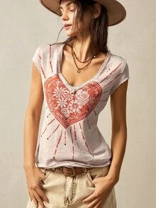 Bohemela Camiseta de mujer ajustada de manga corta con cuello en V de color liso lavada - Albaricoque - Ver 6
