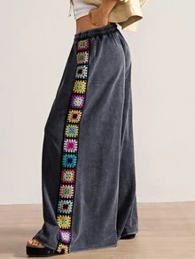 Bohemela 女款秋季波希米亞度假風炭灰色復古鉤針拼接寬鬆寬腿水洗長褲 音樂節休閒西式鄉村風針織褲 - 深灰色 - 查看 7
