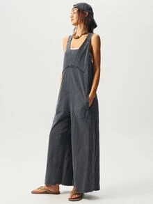 Bohemela 復活節音樂節 BOHO 休閒純色針織口袋寬鬆寬腿水洗女款連身褲 灰色 夏季 早午餐度假 - 黑色 - 查看 4