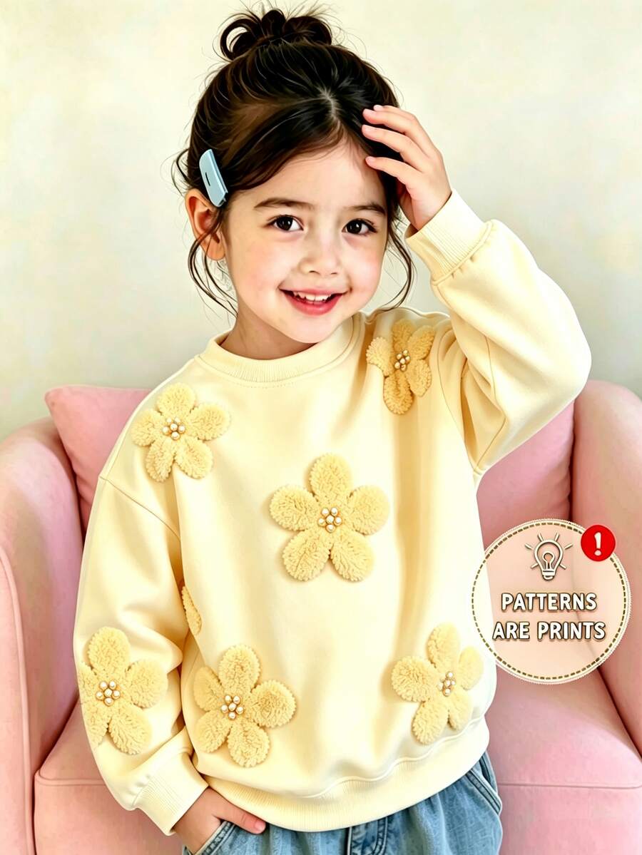 SHEIN 女童白色圓領保暖內裡衛衣,秋冬毛絨珍珠花上衣,公主風套頭衫,長袖,7歲生日 - 彩色 - 查看 1
