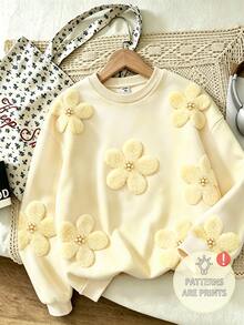 SHEIN 女童白色圓領保暖內裡衛衣，秋冬毛絨珍珠花上衣，公主風套頭衫，長袖，7歲生日 - 彩色 - 查看 3