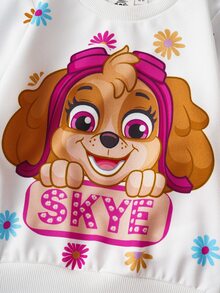 SHEIN | PAW Patrol 少女可爱小狗与花卉印花圆领长袖运动衫和喇叭针织休闲户外裤两件套 - 粉色 - 查看 4