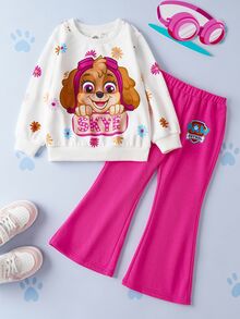 SHEIN | PAW Patrol 少女可爱小狗与花卉印花圆领长袖运动衫和喇叭针织休闲户外裤两件套 - 粉色 - 查看 1
