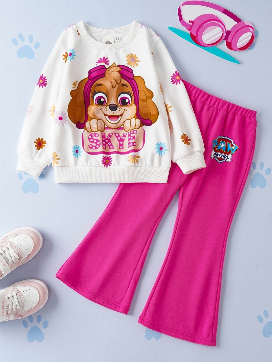 SHEIN | PAW Patrol 少女可爱小狗与花卉印花圆领长袖运动衫和喇叭针织休闲户外裤两件套 - 粉色 - 查看 1