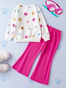 SHEIN | PAW Patrol 少女可爱小狗与花卉印花圆领长袖运动衫和喇叭针织休闲户外裤两件套 - 粉色 - 查看 2