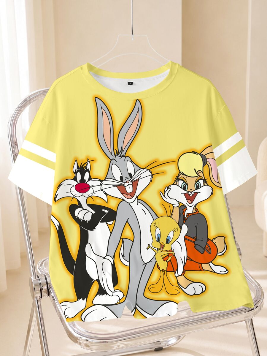 LOONEY TUNES X SHEIN Kaos Kasual Lengan Pendek Leher Bulat Motif Kartun Ukuran Besar untuk Wanita - Putih - View 1