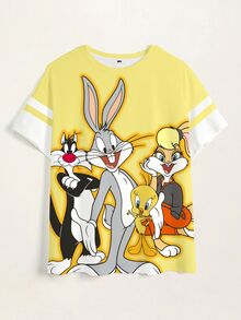 LOONEY TUNES X SHEIN Kaos Kasual Lengan Pendek Leher Bulat Motif Kartun Ukuran Besar untuk Wanita - Putih - View 7