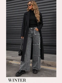 SHEIN PETITE Women's Loose Fit Wide Leg Jeans With Patchwork And Frayed Hem ,Petite Women - Black - View 2