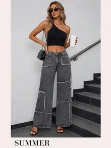 SHEIN PETITE Women's Loose Fit Wide Leg Jeans With Patchwork And Frayed Hem ,Petite Women - Black - View 3