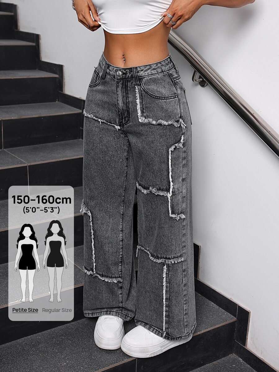 SHEIN PETITE Women's Loose Fit Wide Leg Jeans With Patchwork And Frayed Hem ,Petite Women - Black - View 1