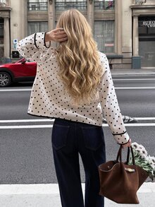 Serisse Damen-Jacke für kaltes Wetter, lässig, französisch elegant, schwarz-weißes Polka-Dot-Muster, für Nachtpartys - Weiss - Übersicht 2