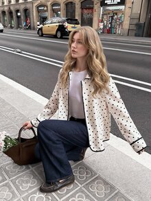 Serisse Damen-Jacke für kaltes Wetter, lässig, französisch elegant, schwarz-weißes Polka-Dot-Muster, für Nachtpartys - Weiss - Übersicht 5