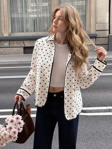 Serisse Damen-Jacke für kaltes Wetter, lässig, französisch elegant, schwarz-weißes Polka-Dot-Muster, für Nachtpartys - Weiss - Übersicht 6