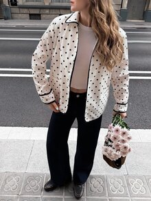 Serisse Damen-Jacke für kaltes Wetter, lässig, französisch elegant, schwarz-weißes Polka-Dot-Muster, für Nachtpartys - Weiss - Übersicht 3