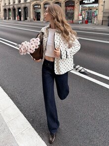 Serisse Damen-Jacke für kaltes Wetter, lässig, französisch elegant, schwarz-weißes Polka-Dot-Muster, für Nachtpartys - Weiss - Übersicht 4