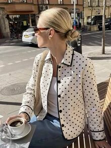 Serisse Damen-Jacke für kaltes Wetter, lässig, französisch elegant, schwarz-weißes Polka-Dot-Muster, für Nachtpartys - Weiss - Übersicht 1