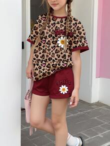 SHEIN Leap Crew Setelan 2 potong kemeja lengan pendek dan celana pendek minimalis kasual untuk anak perempuan usia praremaja, cocok untuk musim panas. - MultiWarna - View 1