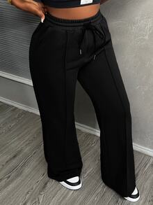 Slaydiva Women's Solid Color Drawstring Waist Pockets Loose Casual Sweatpants - Black - View 6