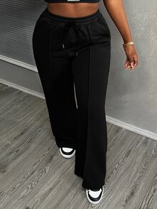 Slaydiva Women's Solid Color Drawstring Waist Pockets Loose Casual Sweatpants - Black - View 7