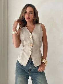 Aloruh Elegant Casual Summer Beige Khaki Sleeveless Vest,Solid Color Tops With Metal Button Decor For Women,Classy Work Outfits,Office Wear Bissness Tops - Khaki - View 5