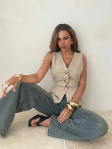 Aloruh Elegant Casual Summer Beige Khaki Sleeveless Vest,Solid Color Tops With Metal Button Decor For Women,Classy Work Outfits,Office Wear Bissness Tops - Khaki - View 7