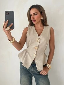 Aloruh Elegant Casual Summer Beige Khaki Sleeveless Vest,Solid Color Tops With Metal Button Decor For Women,Classy Work Outfits,Office Wear Bissness Tops - Khaki - View 3
