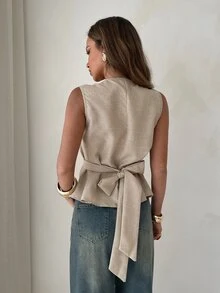 Aloruh Elegant Casual Summer Beige Khaki Sleeveless Vest,Solid Color Tops With Metal Button Decor For Women,Classy Work Outfits,Office Wear Bissness Tops - Khaki - View 2