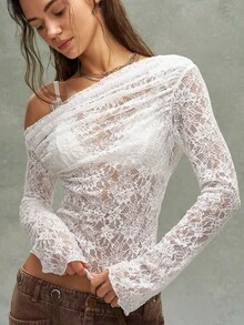 Bohemela Casual Romantic Sexy Solid Color Knit Lace Women's Top Brunch Going Out White Floral Summer - White - View 2