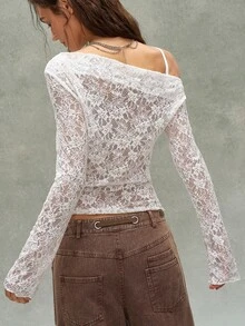 Bohemela Casual Romantic Sexy Solid Color Knit Lace Women's Top Brunch Going Out White Floral Summer - White - View 4