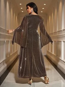 Reflora 大尺碼復古性感休閒優雅水鑽裝飾百褶洋裝，黑色與金色，適合冬季秋季婚禮、晚宴、晚餐派對、雞尾酒會與正式場合 - 金色 - 查看 8