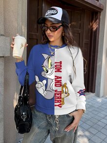 TOM & JERRY X SHEIN 女款可愛卡通印花拼色圓領長袖運動衫 - 白色 - 查看 3