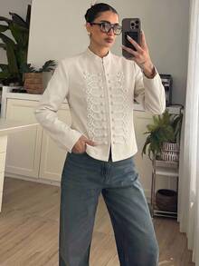Lumalex Women's Casual French Elegant Fashion Off-White Rivet Stand Collar Short Party Office Jacket, Suitable For June Festival Holidays Fall - Apricot - View 1