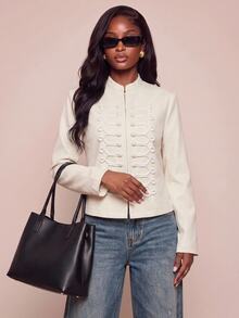 Lumalex Women's Casual French Elegant Fashion Off-White Rivet Stand Collar Short Party Office Jacket, Suitable For June Festival Holidays Fall - Apricot - View 4